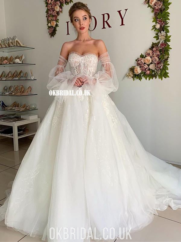 Charming A-line Tulle Backless Long Sleeves Sweetheart Lace Wedding Dresses, FC4455