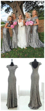 Popular Cheap Cap Sleeve Silver Sequin Sexy Mermaid Small Round Neck Long Bridesmaid Dresses, WG90