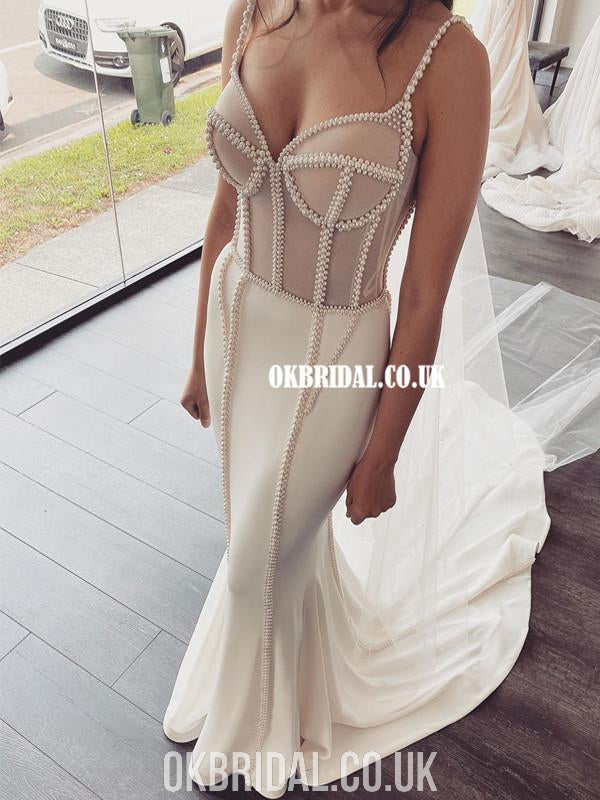 Gorgeous Mermaid Beaded Spaghetti Straps Backless Satin Wedding Dresses, FC4572