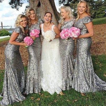 Popular Cheap Cap Sleeve Silver Sequin Sexy Mermaid Small Round Neck Long Bridesmaid Dresses, WG90