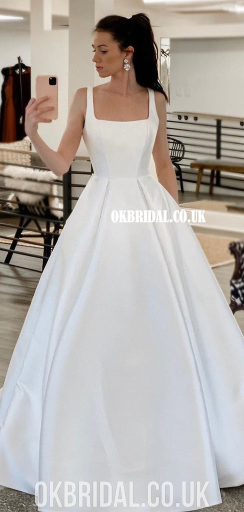 Elegant A-line Satin Simple Floor-length Wedding Dresses, FC4659