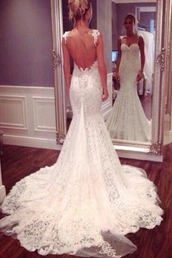 Lace Mermaid Bridal Dress, Backless  Sexy Affordable Wedding Dress, Floor-Length Wedding Dress, LB0465