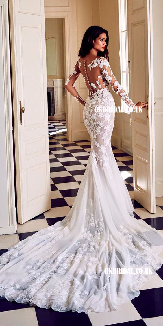 Gorgeous Mermaid Round Neck Long Sleeves Lace Wedding Dresses,Wedding –  Musebridals