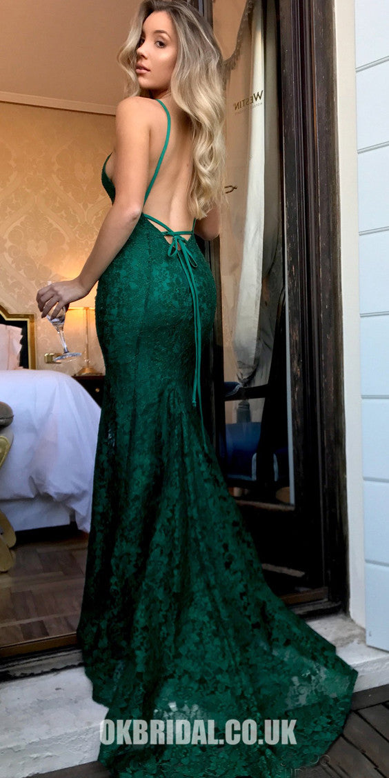 Mermaid V Neck Open Back Green Lace Long Prom Dress with Belt, Mermaid  Backless Green Formal Dress, Green Lace Evening Dress A1383
