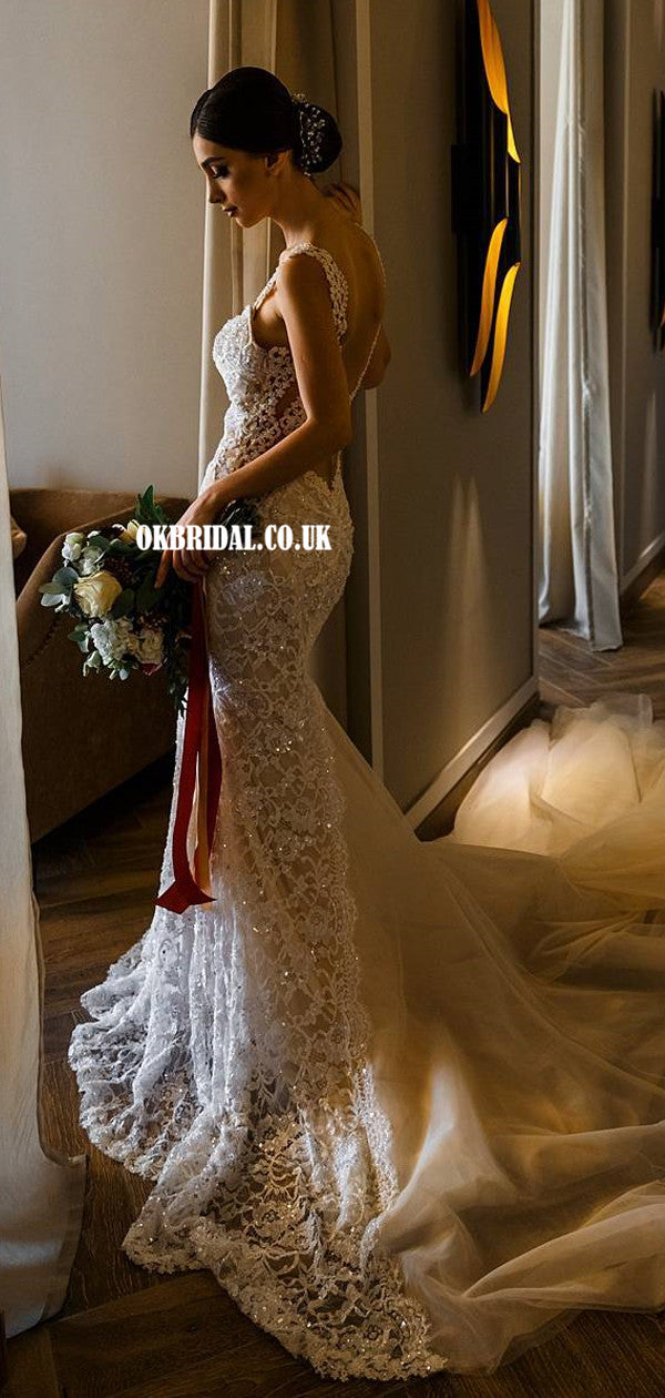 Sexy Wedding Dresses Deep V Neck Sleeveless Lace Appliques Backless Bridal  Gowns