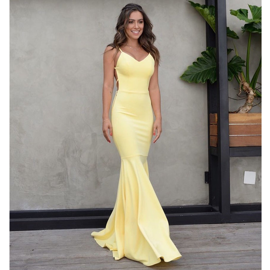 Charming Yellow Backless Prom Dress, Mermaid Spaghetti Straps Satin Pr –  OkBridal