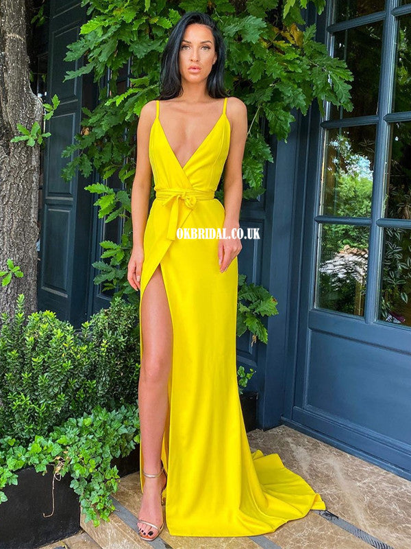 Yellow Spaghetti Straps Sexy Deep V-neck Long A-line Prom Dress , FC5085