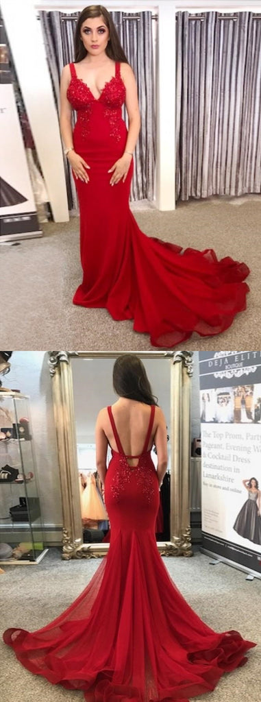 Charming Red Mermaid Prom Dresses, Organza Backless Applique Prom Dresses, KX508