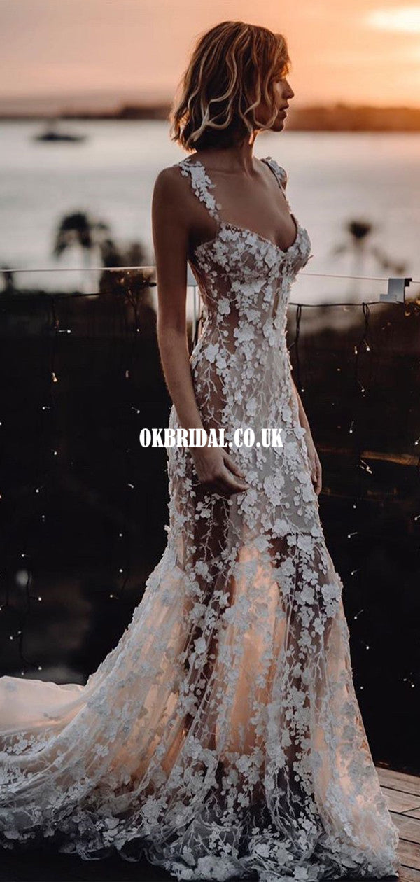 Mermaid Spaghetti Straps Rustic Wedding Dresses Backless Wedding