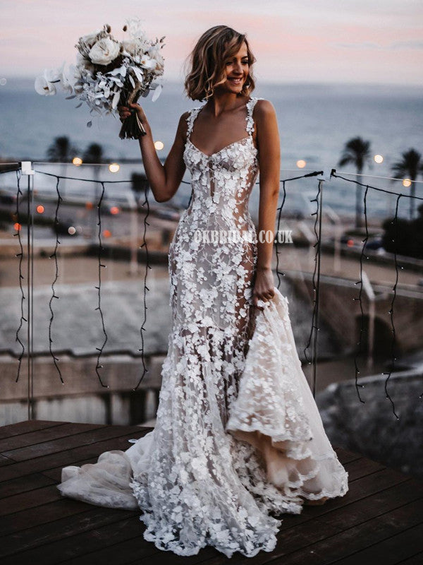Stunning Mermaid Lace Backless Spaghetti Straps Wedding Dresses
