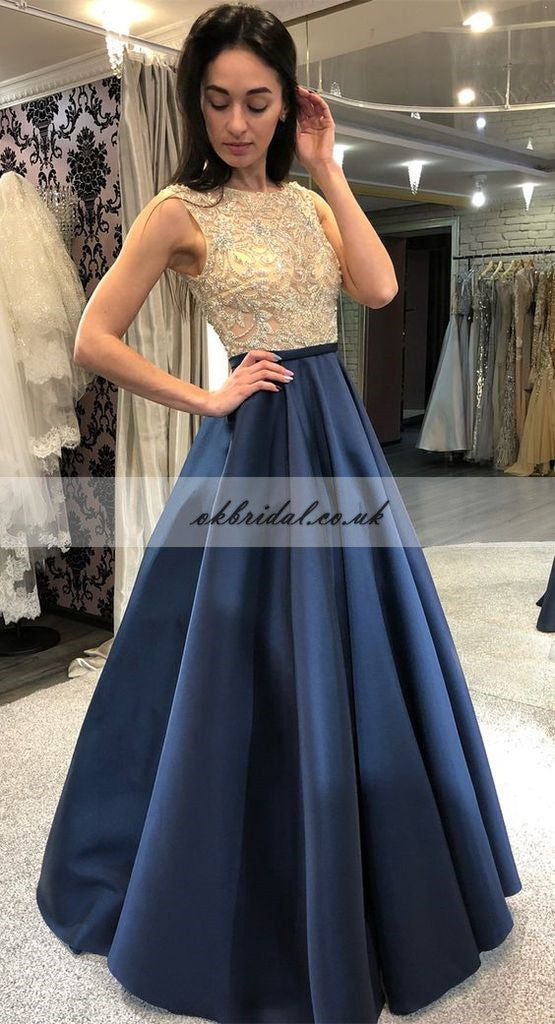 Honest Sleeveless Beaded Top Prom Dress, Tulle A-Line Satin Prom Dress, KX509