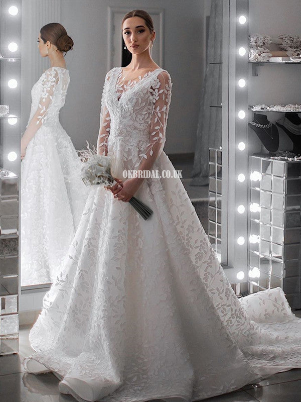 Charming A-line Lace Long Sleeves Wedding Dresses, FC5174