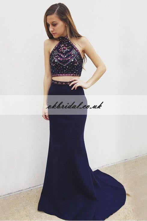 Halter Two Pieces Prom Dress, Beaded Top Backless Mermaid Prom Dress, KX517