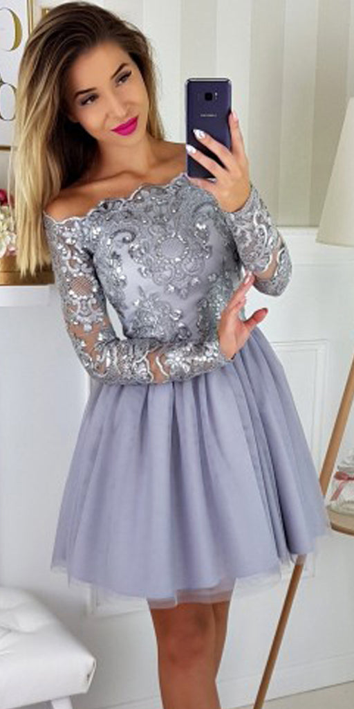Off the Shoulder Tulle Homecoming Dress, Lace Knee-Length Long Sleeve Homecoming Dress, KX51