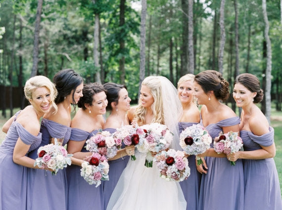 Long Chiffon Bridesmaid Dress, Purple Off-Shoulder Bridesmaid Dress, Cheap Floor-Length Bridesmaid Dress, LB0539