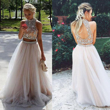 Gold Two-Pieces Sequin Spaghetti Straps V-neck Backless Prom Dresses, FC6492