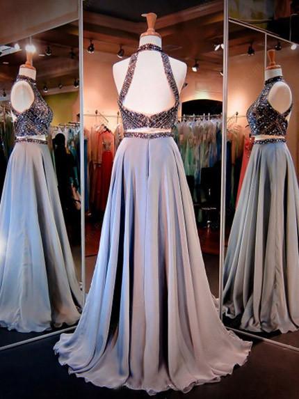 Satin Prom Dresses, A-Line Two Pieces Evening Dresses, Beaded Backless Prom Dress, LB0544