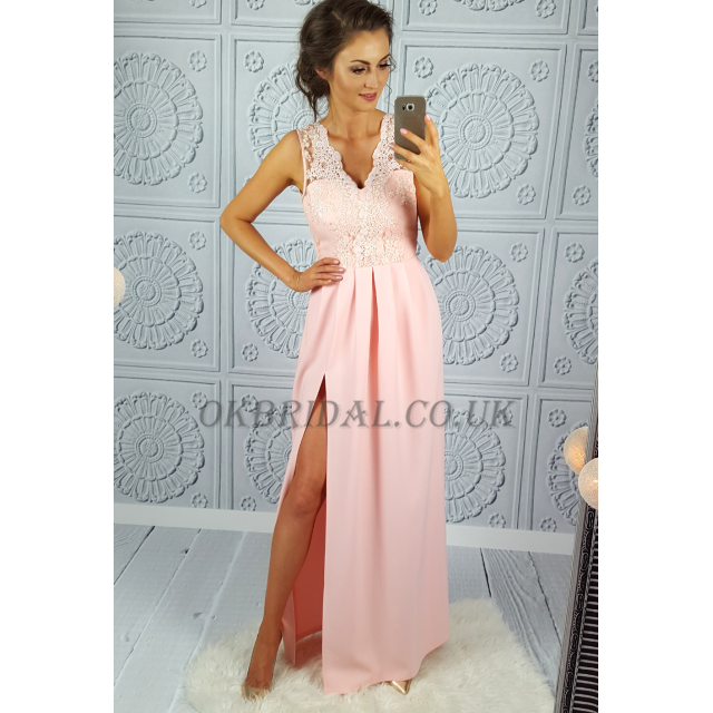 Pink Lace Prom Dress, V-Neck Prom Dress, Sexy Side Split Prom Dress, KX55