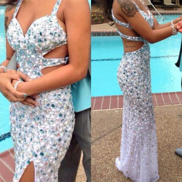 White Gorgeous Sexy Backless Sweetheart Side Slit Long Prom Dress, WG566