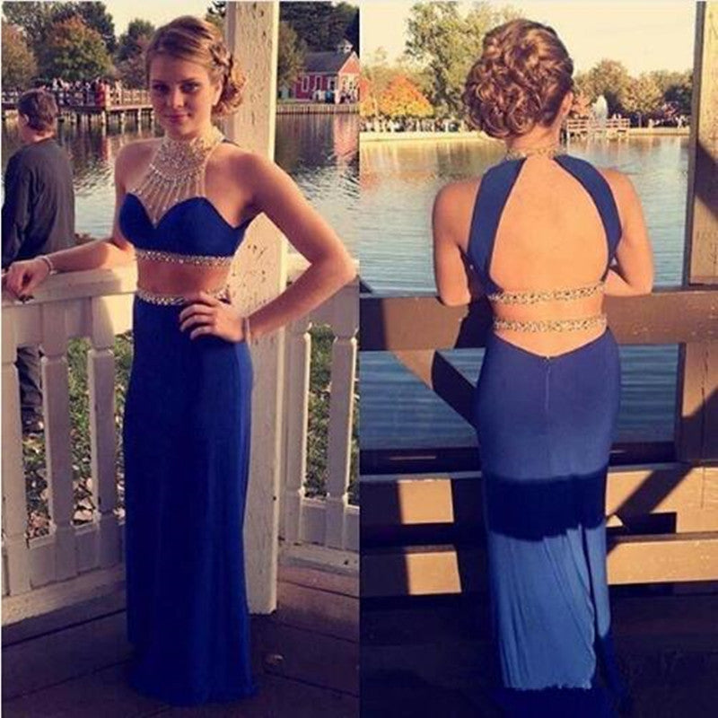 Sexy Two Pieces Open Back High Neck Beading Long Prom Dress, WG572