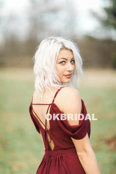 V-Neck Chiffon Bridesmaid Dress, Lace Off Shoulder Bridesmaid Dress, KX576
