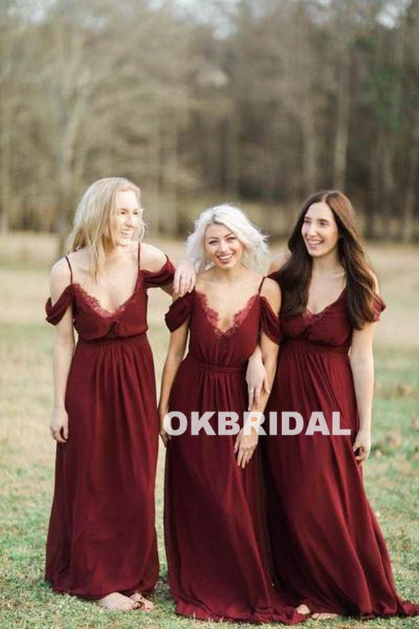V-Neck Chiffon Bridesmaid Dress, Lace Off Shoulder Bridesmaid Dress, KX576