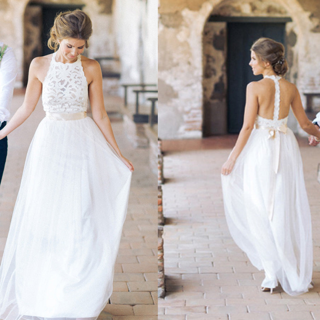 Tulle Wedding Dress, Halter Backless Wedding Dress, Lace White