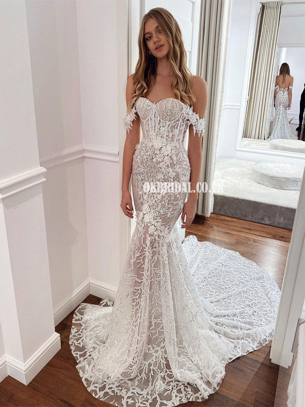 Stunning Off Shoulder Lace Mermaid Sweetheart Backless Wedding Dresses, FC5864