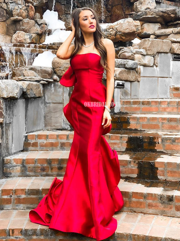 Stunning Straight Neck Mermaid Red Satin Long Prom Dresses, FC5949 –  OkBridal