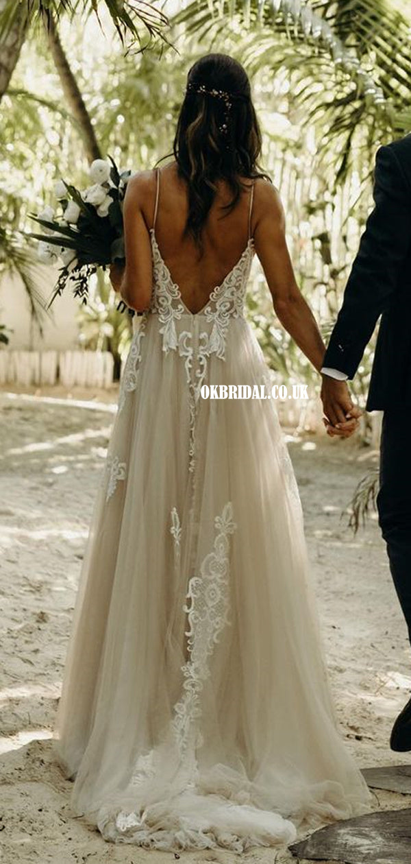 Gorgeous Spaghetti Straps Lace Backless V-neck Beach Wedding Dresses, FC5993 Gorgeous Spaghetti Straps Lace Backless V-neck Beach Wedding Dresses, FC5993
