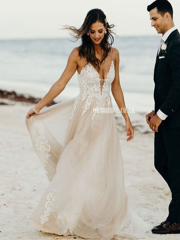 Gorgeous Spaghetti Straps Lace Backless V-neck Beach Wedding Dresses, FC5993 Gorgeous Spaghetti Straps Lace Backless V-neck Beach Wedding Dresses, FC5993