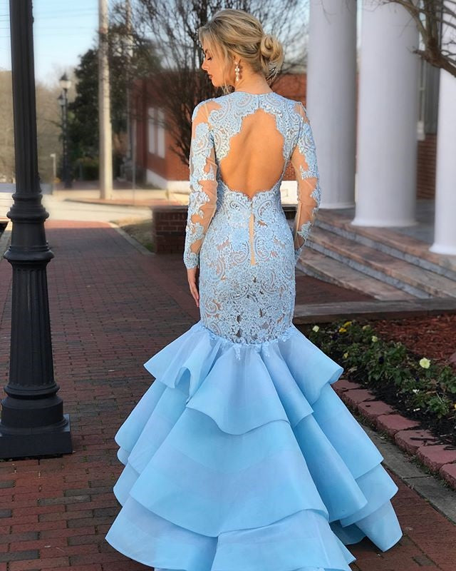 Blue Lace Long Sleeve Prom Dress, Memraid Open-Back Tulle Prom Dress, KX603