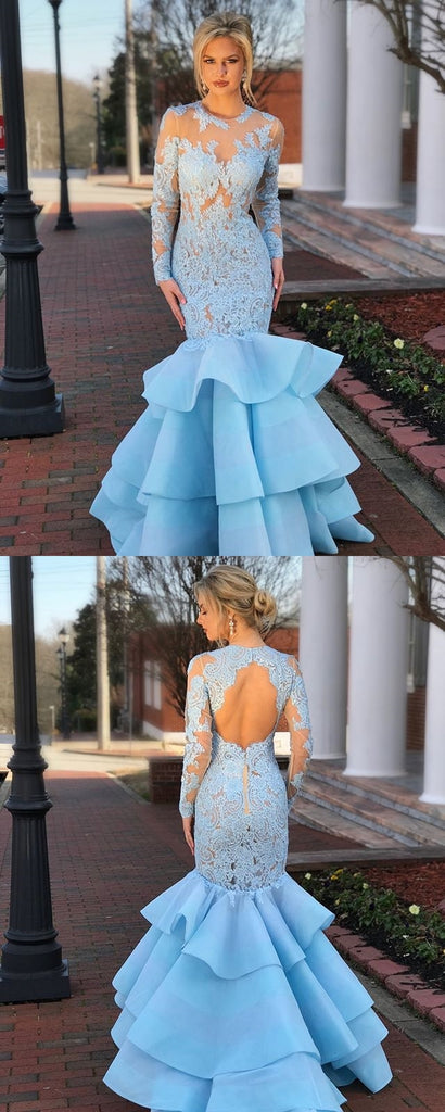 Blue Lace Long Sleeve Prom Dress, Memraid Open-Back Tulle Prom Dress, KX603
