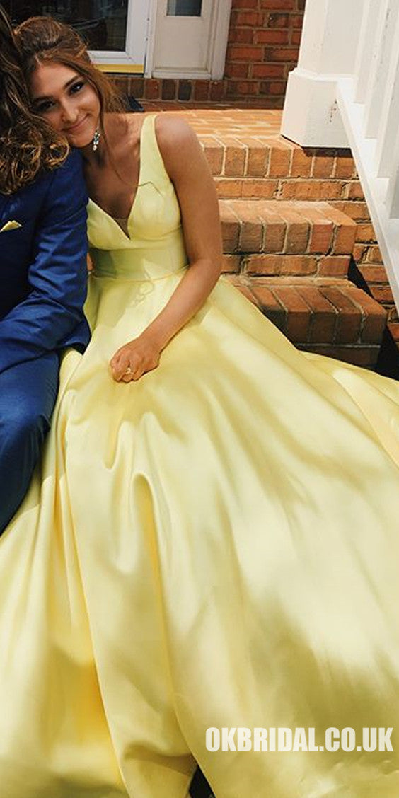 A-Line Satin Prom Dress, Charming Yellow V-Back Prom Dress, KX610 – OkBridal