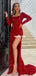 Gorgeous Red Mermaid Long Sleeves Sexy High Slit Sparkle Prom Dresses, FC6207
