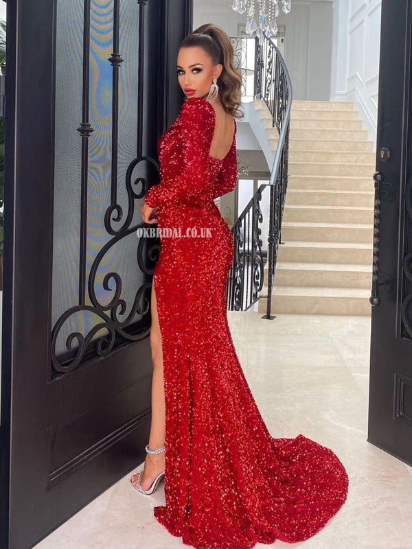 Gorgeous Red Mermaid Long Sleeves Sexy High Slit Sparkle Prom Dresses, FC6207 Gorgeous Red Mermaid Long Sleeves Sexy High Slit Sparkle Prom Dresses, FC6207