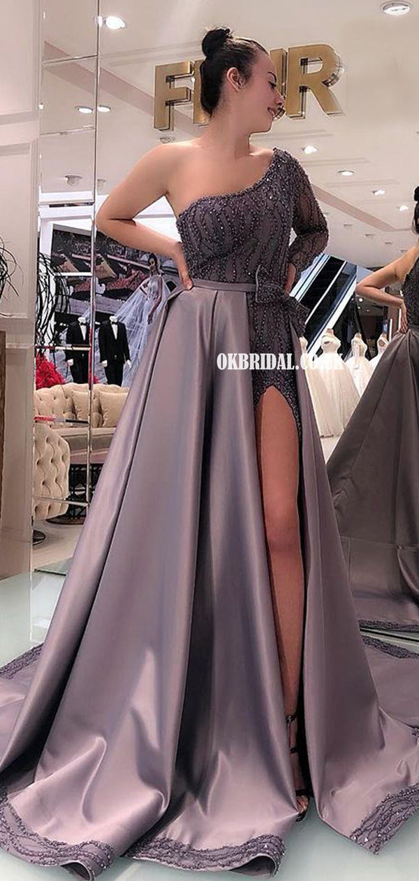 Gorgeous Long Sleeve Beaded Satin Prom Dresses with Detachable