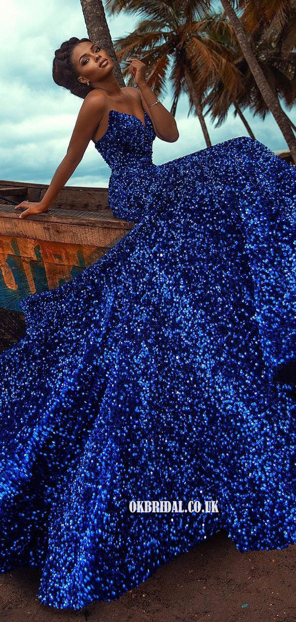 Royal Blue Mermaid Sparke Sequin Backless Long Prom Dresses