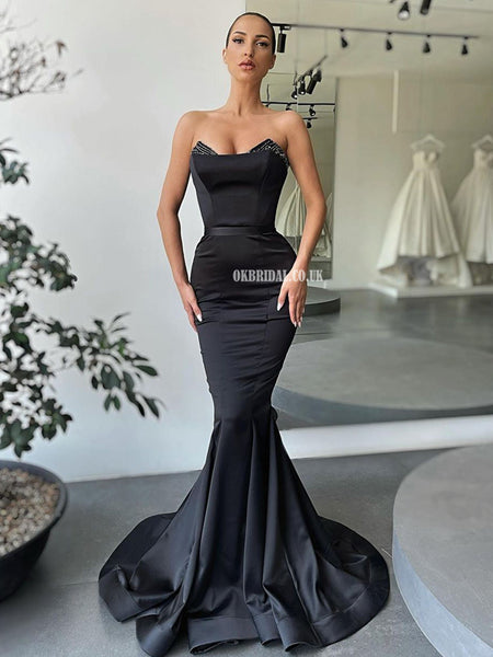 Stunning Black Sweetheart Satin Mermaid Beaded Long Prom Dresses