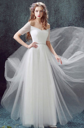 Long Wedding Dress, Tulle Wedding Dress, Vintage Bridal Dress, Short Sleeve Wedding Dress, Off Shoulder Wedding Dress, Beading Wedding Dress, A-Line Wedding Dress, LB0631