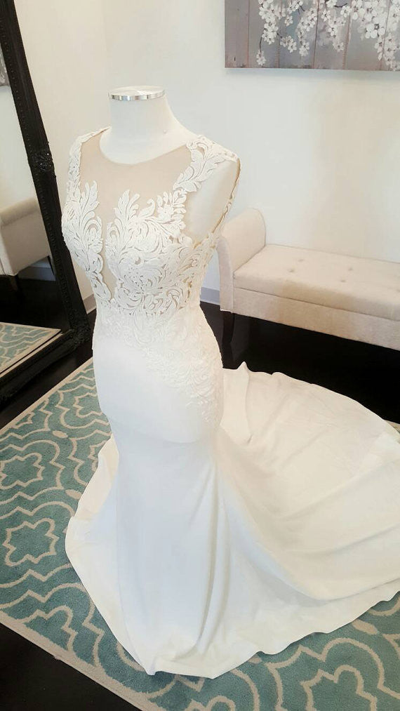 Charming Elegant See Through Back White Mermaid Lace Long Bridal Wedding Dress, WG634