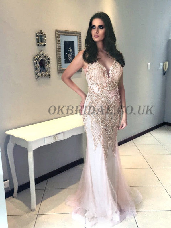 Tulle Prom Dress, V-Neck Prom Dress, Beaded Prom Dress, Luxurious Prom Dress, Mermaid Prom Dress, KX63