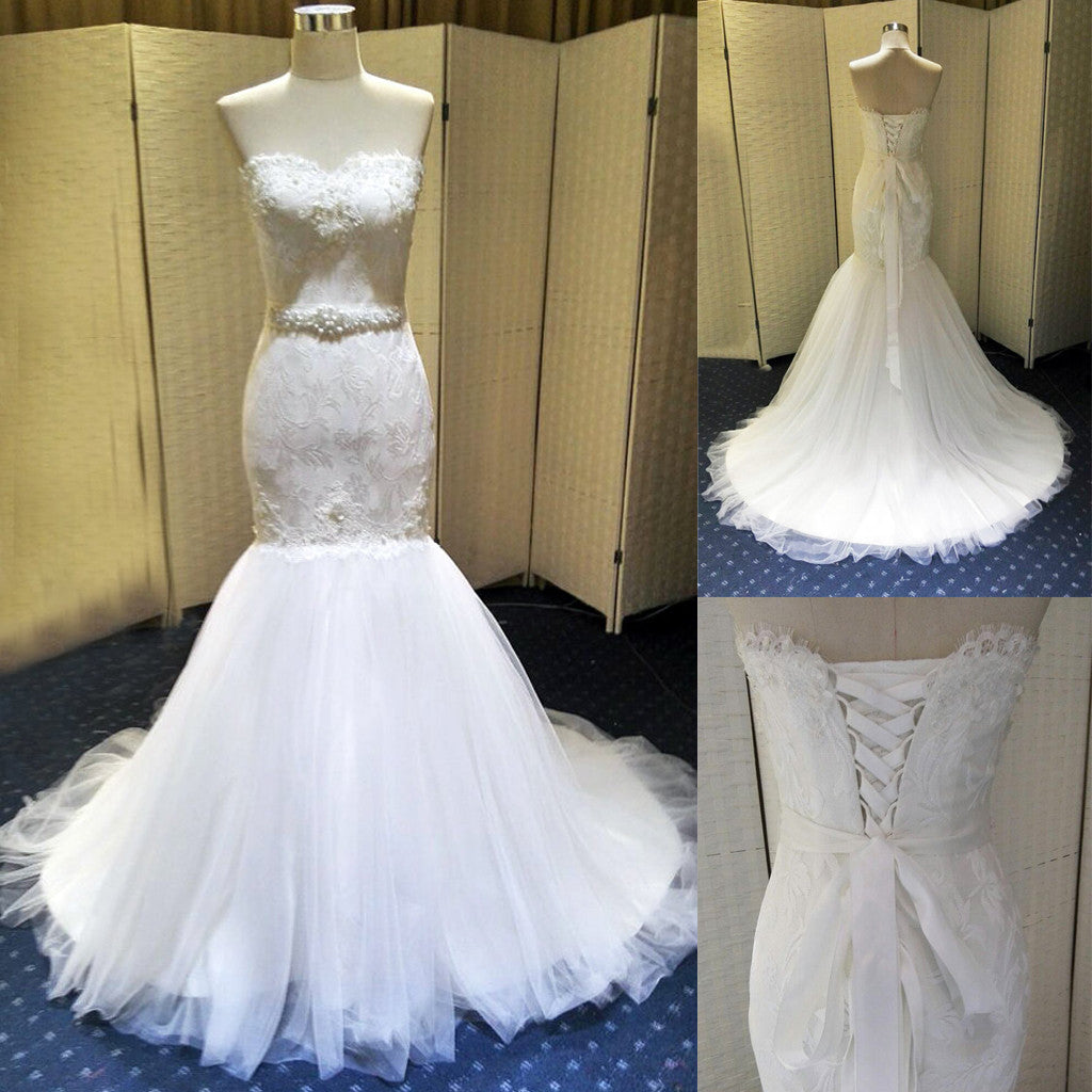 Chic Design Sweetheart White Tulle Wedding Party Dresses With Lace, Lace Up Bridal Gown, WD0034