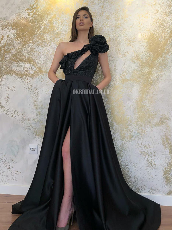 Gorgeous A-line Black Satin Slit Sequin One-shoulder Prom Dresses, FC6 Gorgeous A-line Black Satin Slit Sequin One-shoulder Prom Dresses, FC6