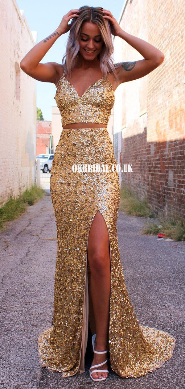 Sexy Metallic Glitter Golden Prom Dresses Spaghetti Straps Split