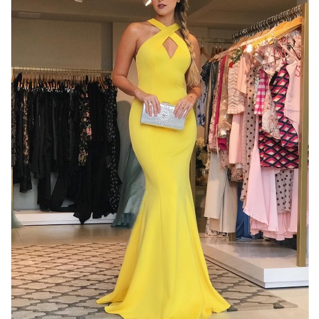 Yellow Long Mermaid Prom Dresses New Sleeveless High Neck Feather Sweep  Strain Applique Formal Evening Dress Party Gowns - AliExpress