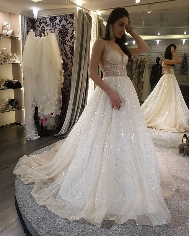Sparkly A Line Wedding Dress with Detachable Puffy Short Sleeve | Bridal  Australia
