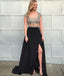 Black Two Pieces Chiffon A-Line Cap Sleeve Beaded Open-Back Slit Prom Dress, FC666