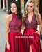 Beaded Top A-Line Prom Dresses, Red Satin Backless Prom Dress, KX669