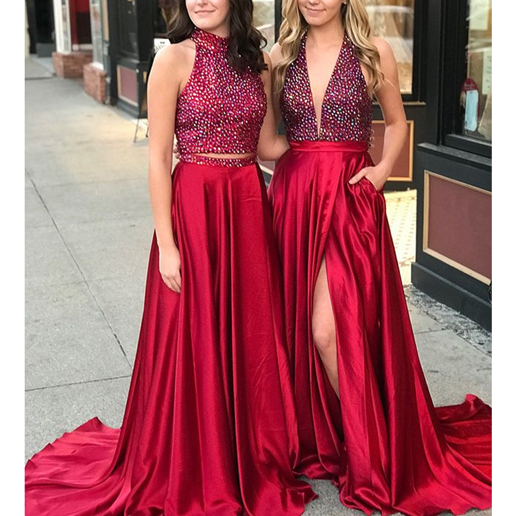 Beaded Top A-Line Prom Dresses, Red Satin Backless Prom Dress, KX669